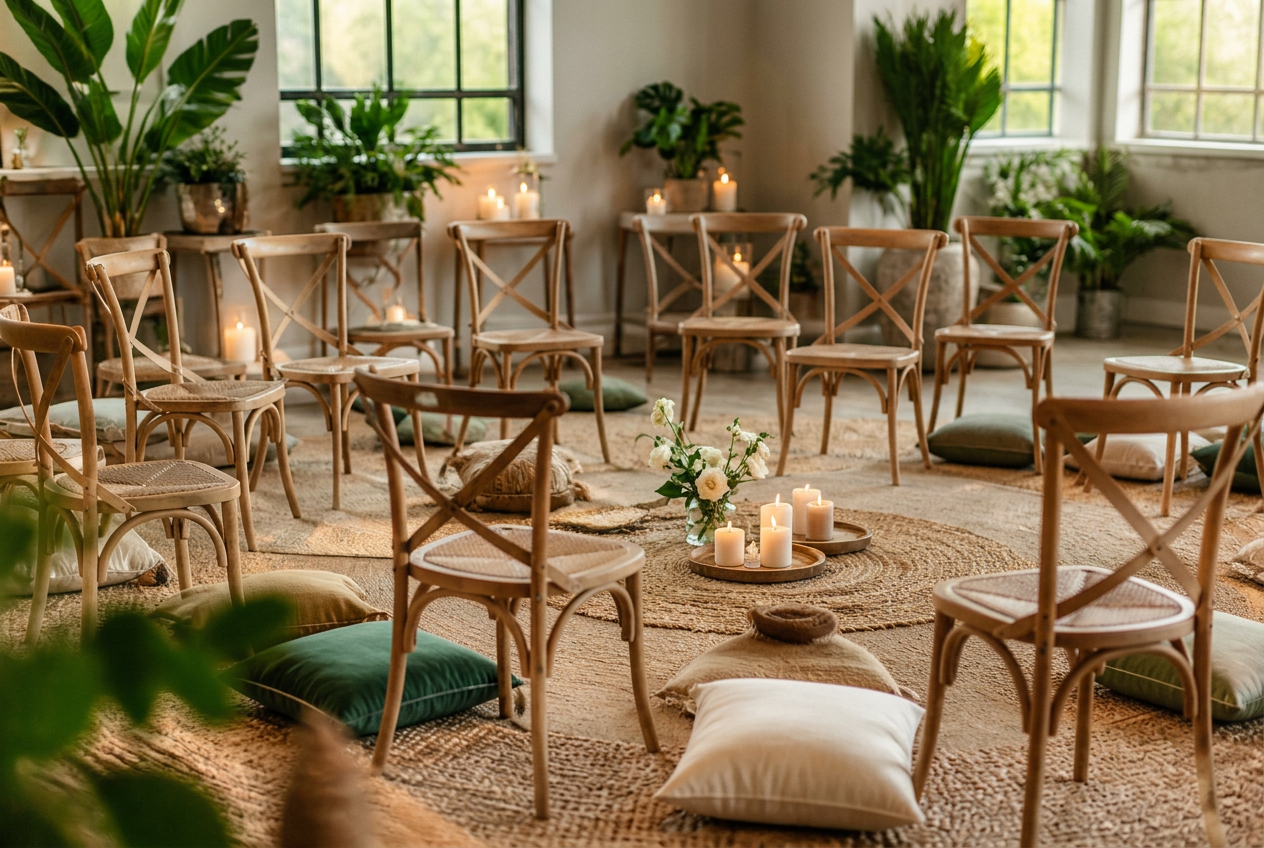 A warm circle of wooden chairs, cushions and candles in a light-filled workshop space with plants and flowers